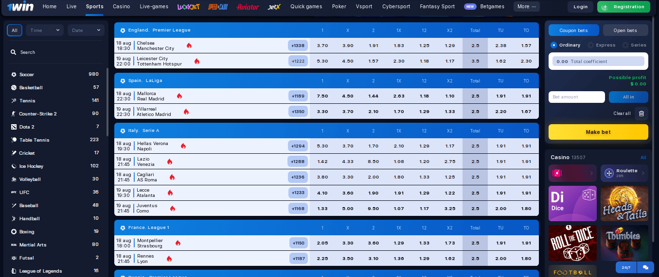 1win live betting